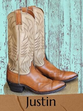 Justin Vintage Boots Two-Tone Carme & Cream Leather Western Boots Size 10.5 Mens